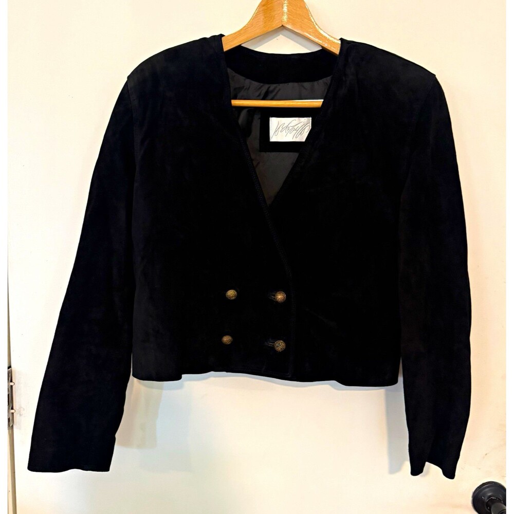 Vintage 80s Black Suede Cropped Jacket Power Shoulder Military Buttons Women’s M